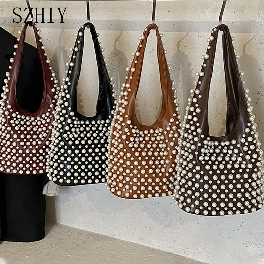 

Luxury Designer Handbag Women Tote Soft PU Round Bead Rivet Decoration Armpit Bag Office Girl Bucket Torebki Damskie Bolsos Lujo