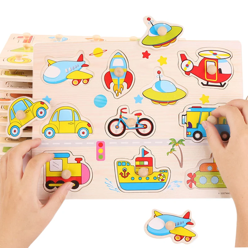

Children Wooden Puzzle Montessori Toys Cartoon Animal Traffic Hand Grab Boards Early Learning Educational Toy for Kids TMZ