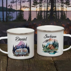 Personalized Mountain Camper Mug Custom Name Camping Enamel Cup Adventure Campfire Party Beer Juice Handle Cups Gifts for Camper