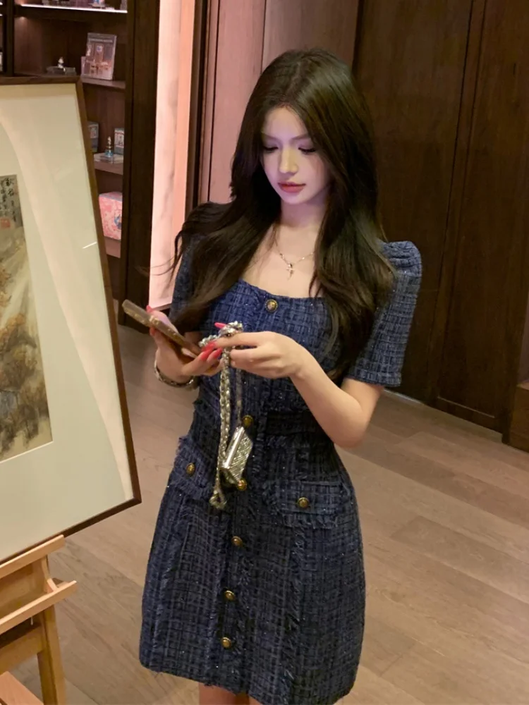 

SMTHMA Blue Vintage Elegant French Square Neck Small Fragrance Style Dress Women's Short Sleeve Tweed Runway Dresses