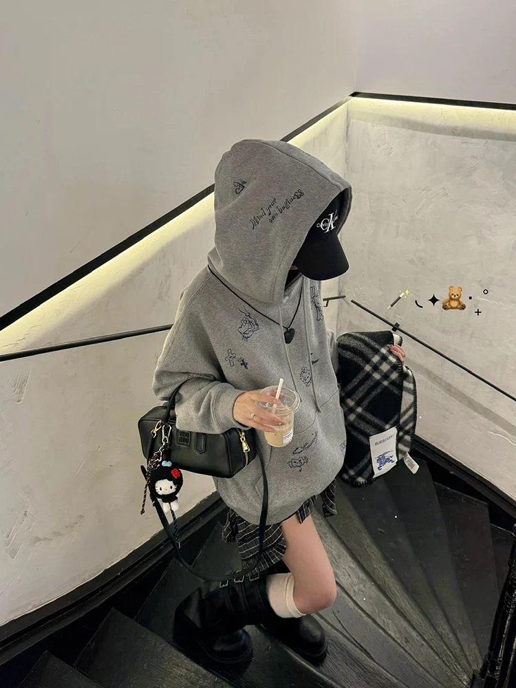 

Chic Cartoon Print ey Hoodie Women's Oversize Casual Fce Lined Loose Fit Autumn Winter Outerwear Street Sle