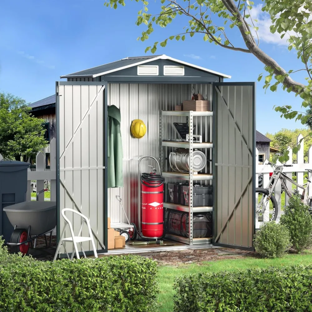 Vertical Outdoor Steel Storage Shed with Double Lock Doors and Frame, Deep Blue Storage Room, 5x3x 6.3ft