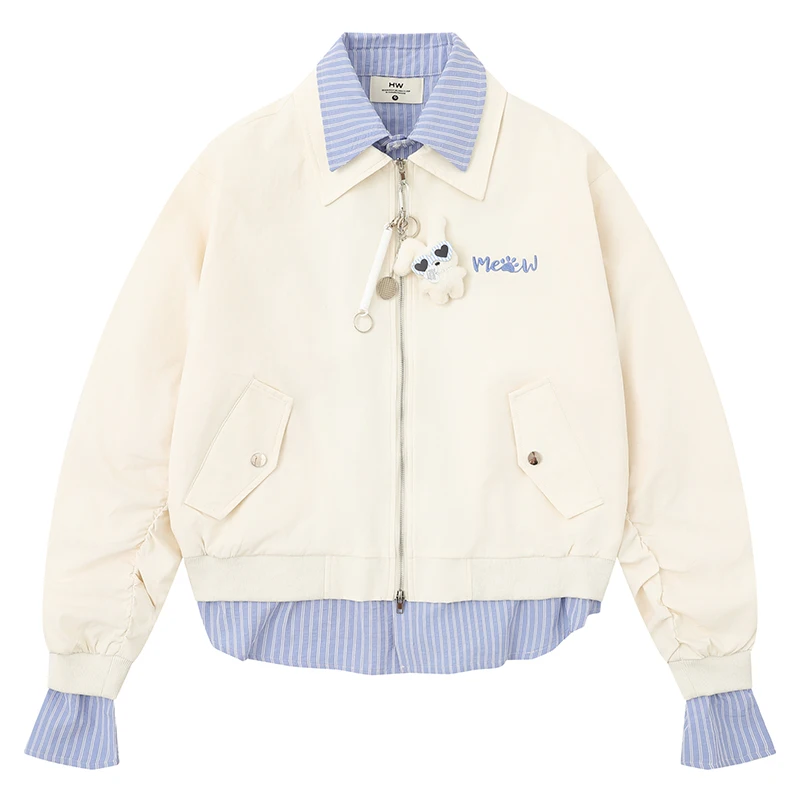 

Fake Two Piece Bomber Jacket with Striped Collar and Cuffs Plush Charm Embroidered Meow Detail Trendy Lightweight Outerwear
