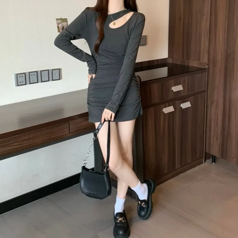 2025 Spring/Autumn plus size, heart machine, hollowed out collar, waist cinched long sleeved pullover dress, women's short skirt