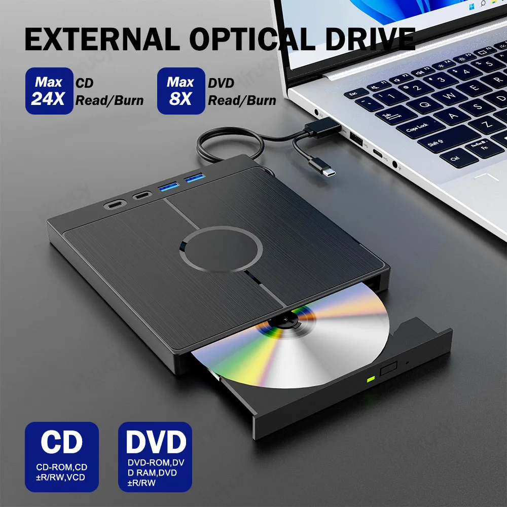 7-in-1 USB 3.0 Type C External CD DVD RW Optical Drive DVD Player Burner Reader Multi-Function Drive For Windows Mac PC Laptop
