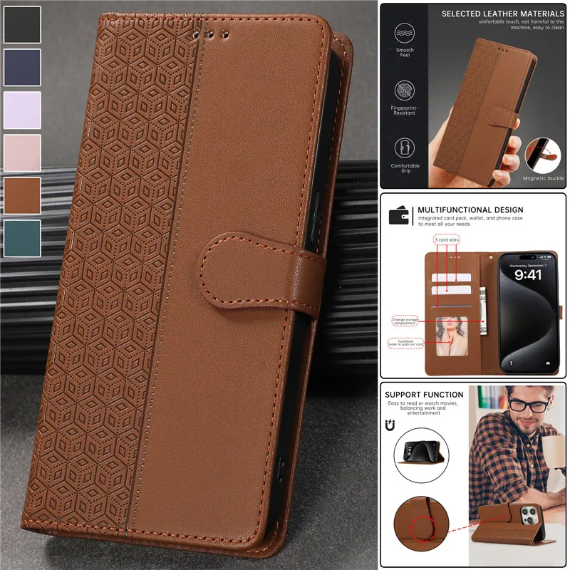 Wallet Case on for OPPO A16 Case Grid Pattern Leather Cover for Oppo A16 CPH2269 Phone Cases For OPPOA16 A16s CPH2271 Capa Etui