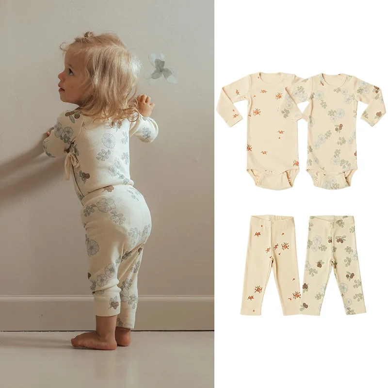 Ins New Newborn Girls Romper Long Sleeve Spring Autumn Floral Print Round Collar Cotton Baby Girls Bodysuit Infant Girl Jumpsuit