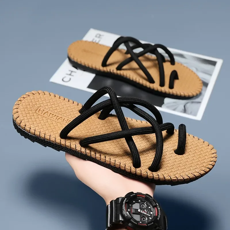 

Fashion Roman Men Rope Flip Flops Mens New Summer Fashion Retro Lightweight Flat Bottomed Slippers Outdoor Street Casual Shoes