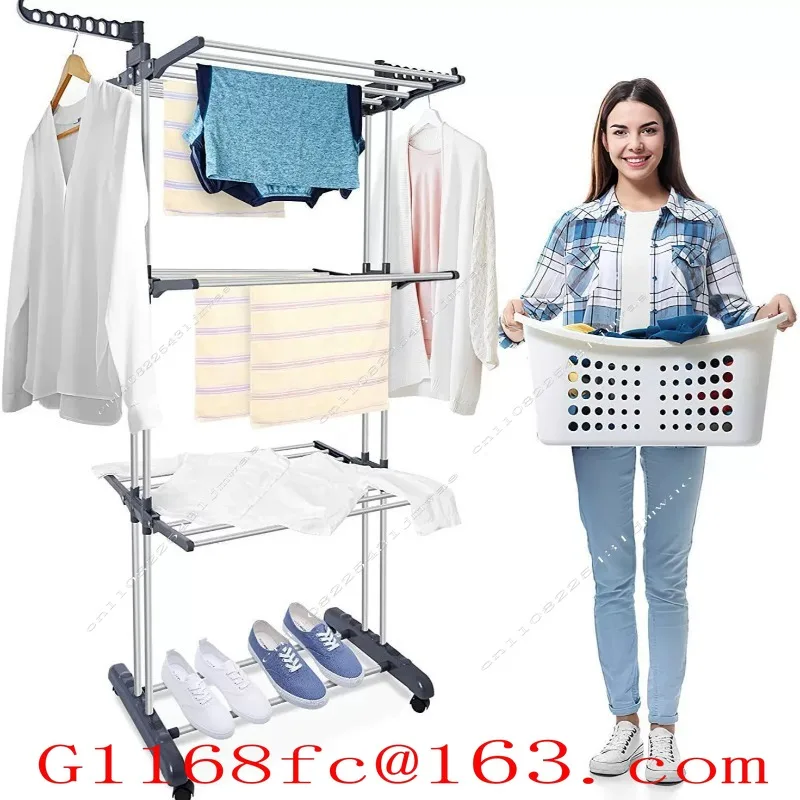 Floor Standing Folding Clothes Rack with 4 Layers of Large Capacity Mobile Belt Wheel Drying Rack, Dormitory Outdoor Towel Rack