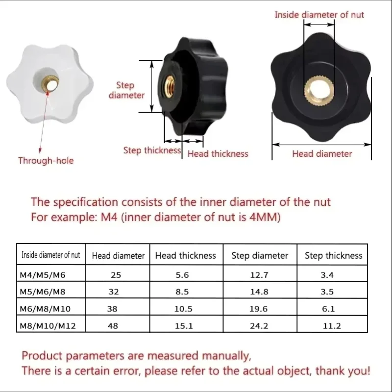 Black/White Bakelite Hand Knob Head Thumb Nut M4-M12  Through/Blind Hole Plum Handle Nut Star Handle Plastic Heat-resistant