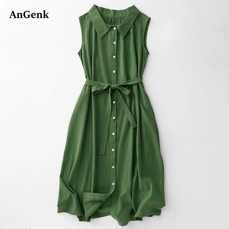 

Хлопковые винтажные платья-рубашки без рукавов для женщин, летние, новые, с поясом, свободного кроя, повседневные, модные, элегантные, женская одежда 2026