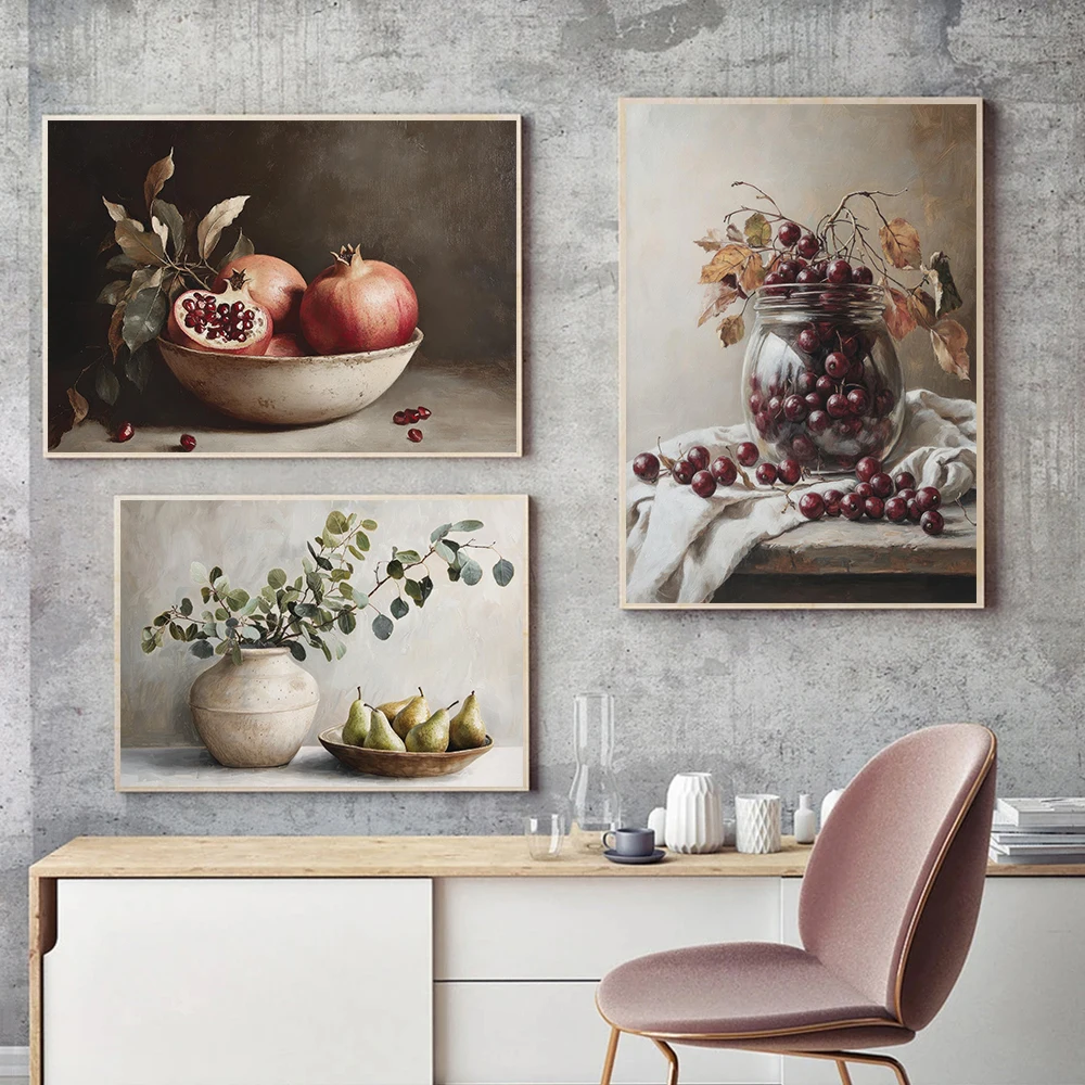 Utensilios de cocina de estilo Retro, comida, pan, pera, aceite de oliva, huevo, naturaleza muerta, póster artístico, pinturas en lienzo, imágenes artísticas de pared, decoración del hogar