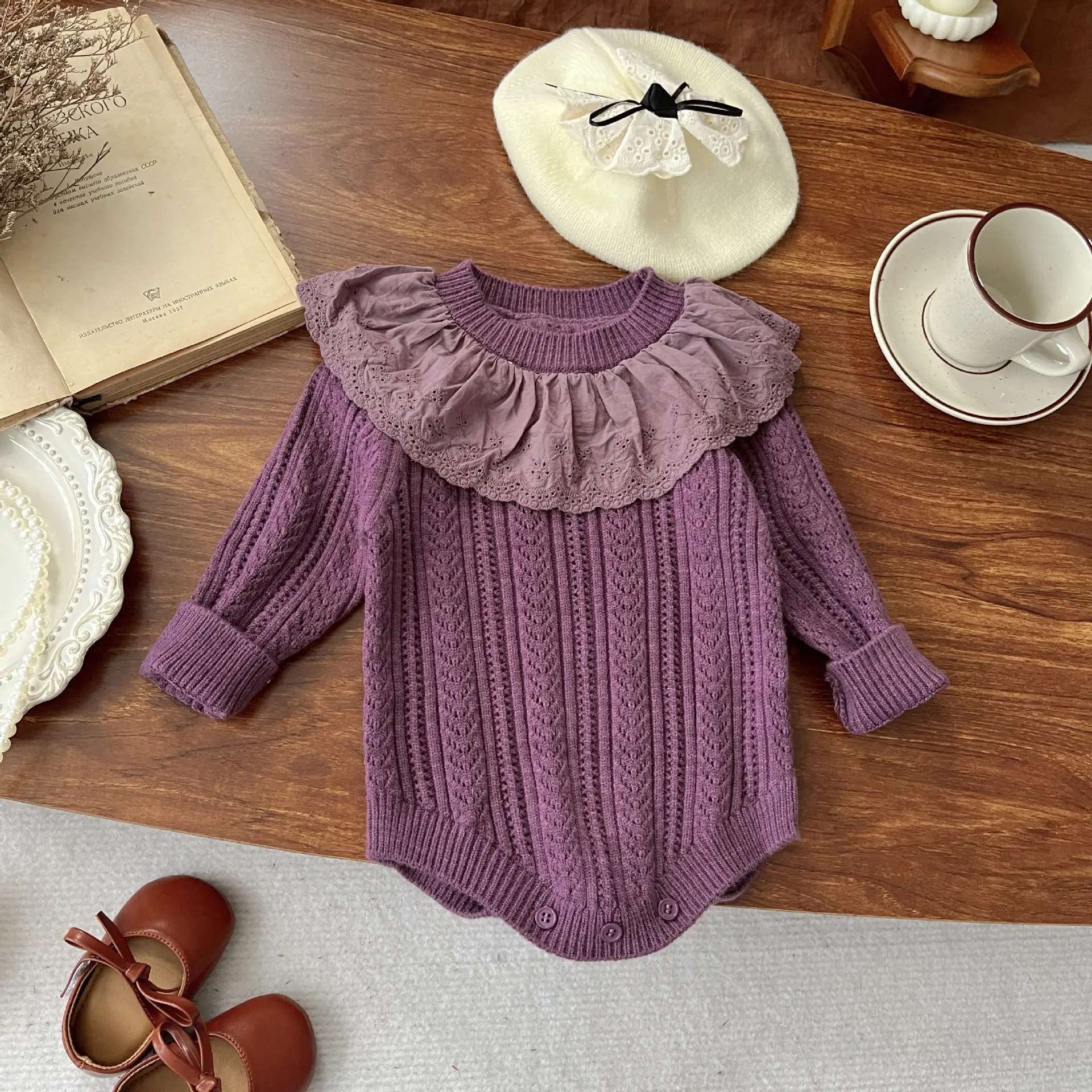 Korean Newborn Knitted Jumpsuit for Girls Babies Hollowed Out Ruffles Collar Rompers Stylish Princess Rompers