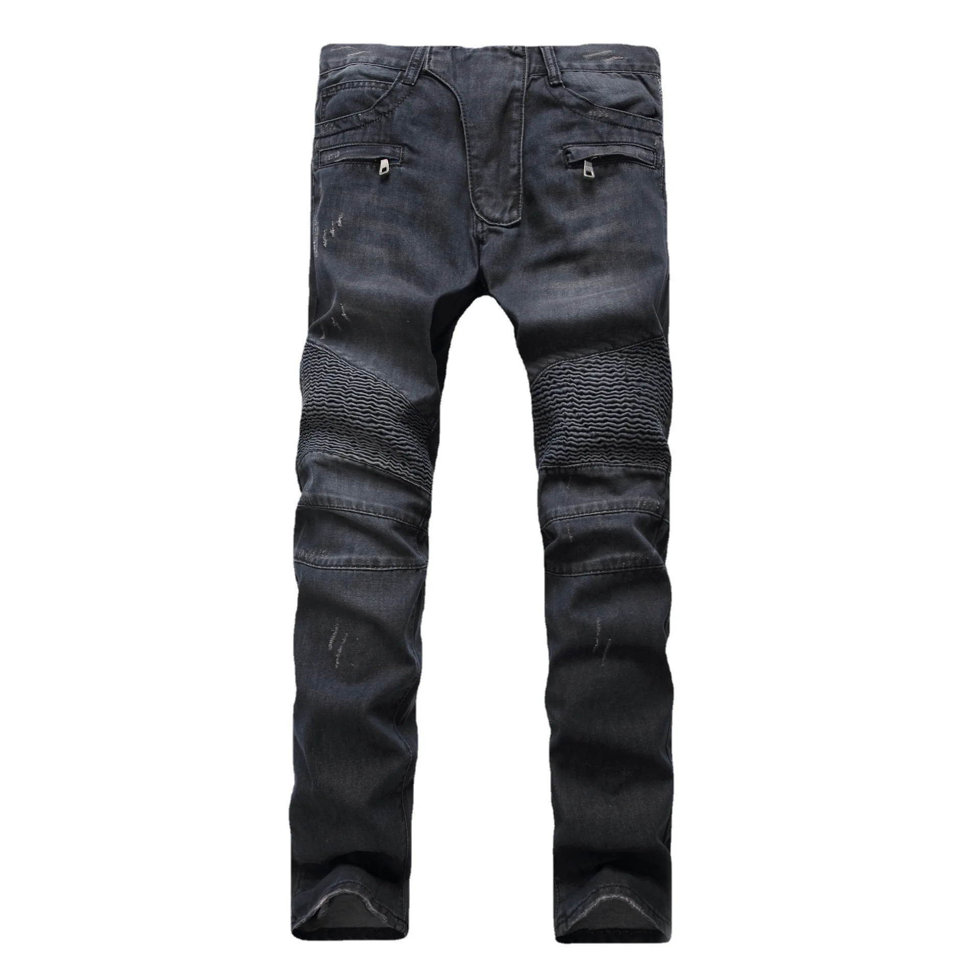 New Style North American Men's Wrinkled Jeans, High Street, Slim-fit Straight-leg, Light Color, Motorcycle Style, Long-length