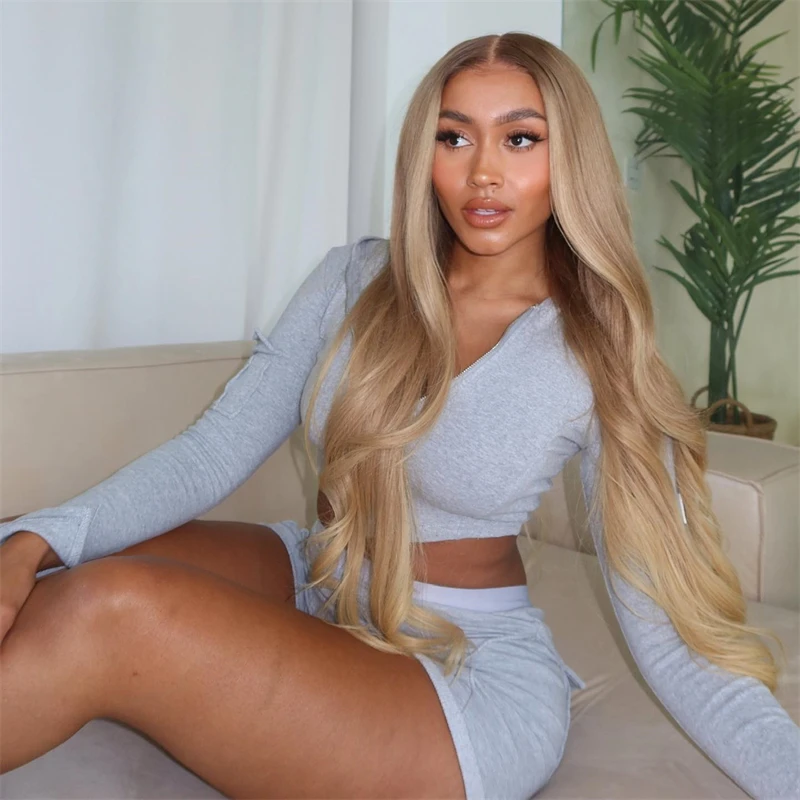 Ombere Light Blonde Full Lace Wigs with Brown Roots Premium Brazilian Human Hair Slight Wavy Wig Platinum Glueless Wigs Human