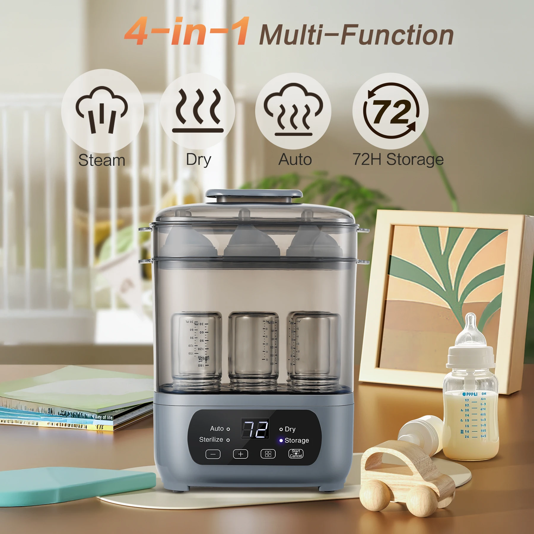 Electric 4-in-1 Baby Bottle Sterilizer & Dryer Steam Sanitizer Quick 30 Min Dry 72H Storage for 6 Bottles