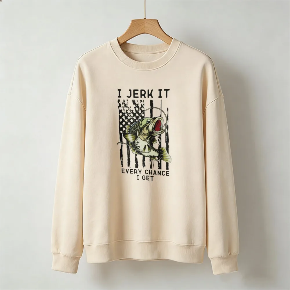 I Jerk It Every Chance I Get Funny Fishing Sweatshirt Men Light Crew Neck Long Sleeve Pullover Bass Fish USA Graphic Gift Casual