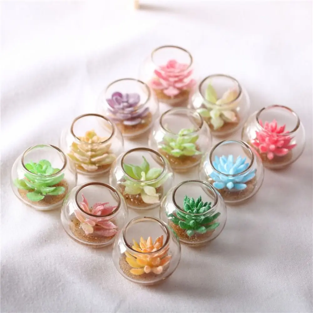 Crianças brincam brinquedo em miniatura 1:12 casa de bonecas vaso de vidro colorido modelo suculento ornamentos de plantas verdes realistas