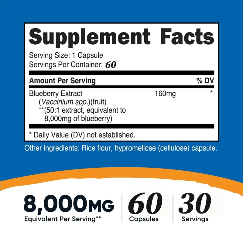 Blueberry extract 8000 mg strength 60 capsules - vegetarian, 160 mg 50:1 extract, gluten free, non genetically modified