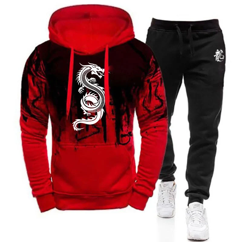 2025 Spring And Autumn Man's New Gradient Color Set Chinese Dragon Print Drawstring Hoodies Sports Long Pants Suit