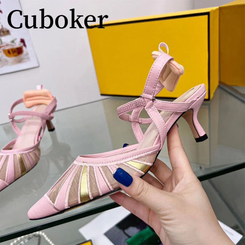 2023 Fashion Designer Embroider High Heels Sandals Pointy Toe Pumps Multicolor Net Ladies Slides High Heel Sandals Summer Mules