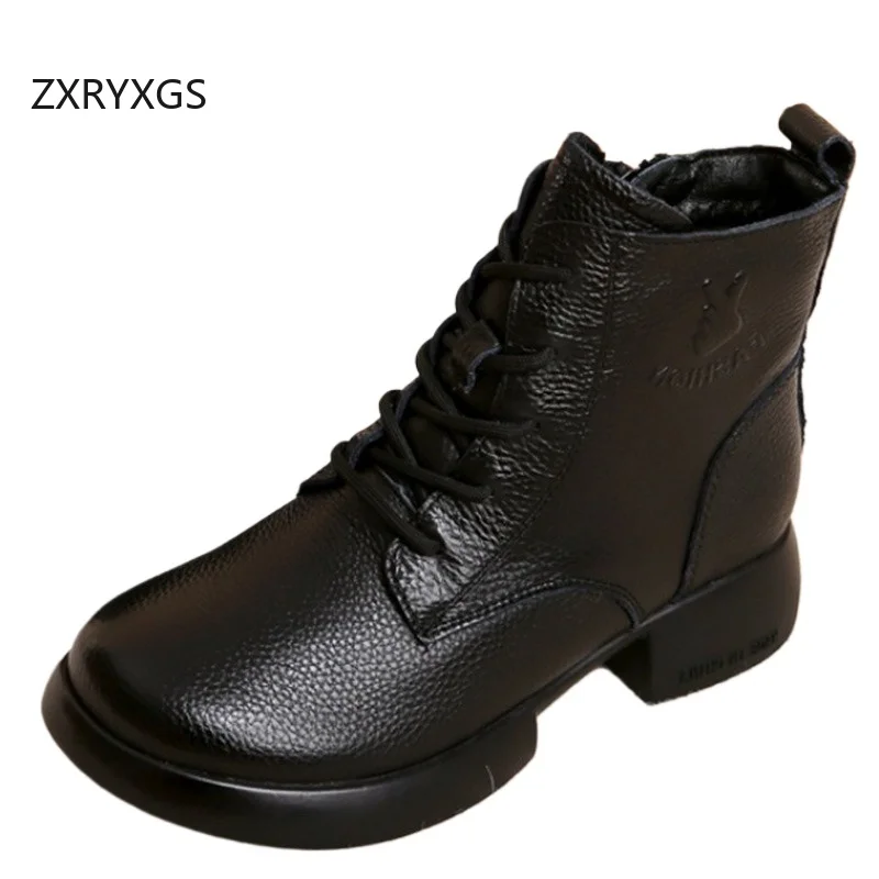 

ZXRYXGS Cross Strap Side Zipper Genuine Leather Boots Thick Mid Heels 2024 British Style Autumn Winter Boots Women Shoes Boots