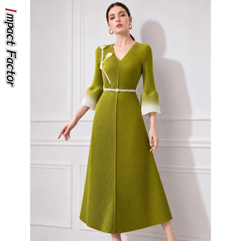 Miyake Pleated V-neck Dress Gradual Change Contrasting Color Horn Sleeve A Word Long Dress Light Luxury Women's Clothing