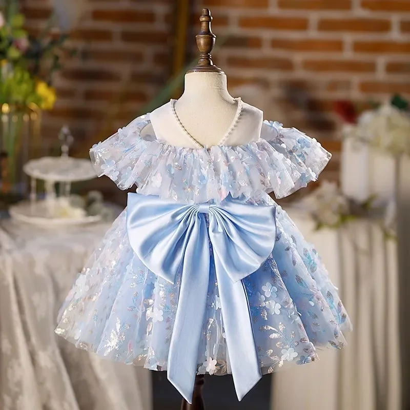 Baby Girl Princess Flower Dress Off Shoulder Infant Toddler Teen Child Blue Vestido Party Pageant Ball Gown Baby Clothes 1-12Y