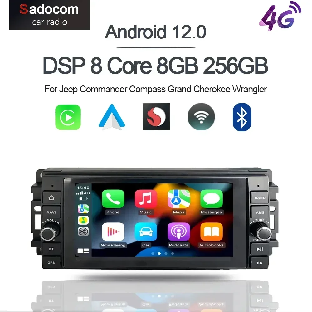 Reproductor de DVD para coche Carplay Android 12,0 8 núcleos 8GB + 256G Radio GPS Wifi multimedia para Jeep Commander Compass Grand Cherokee Wrangler