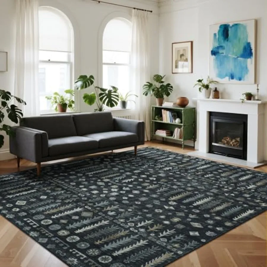 

Washable 8x10 area rug for living room, bedroom, dining room, office, playroom short-pile polyester with non-slip backing, stai