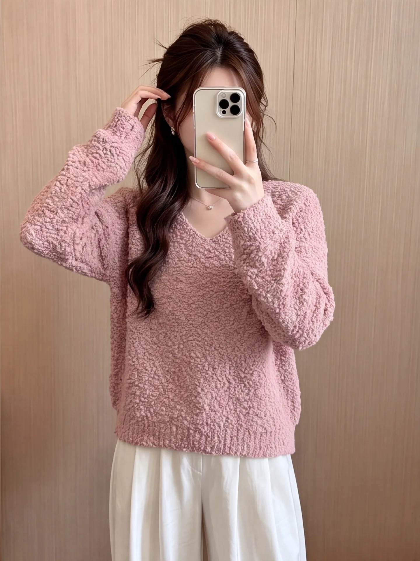 Pink Fluffy V-Neck Pullover Knitwear Women's Loose Casual Inner Wear Base Layer Autumn Winter Fashion Matching Slimming Top