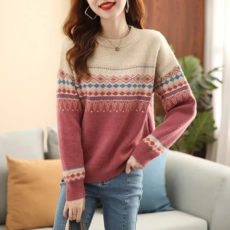 

Large Size Pullover Round Neck Sweater Women Loose Plaid Retro Lazy Style Patchwork Colorful Outer Knit Sweater B740