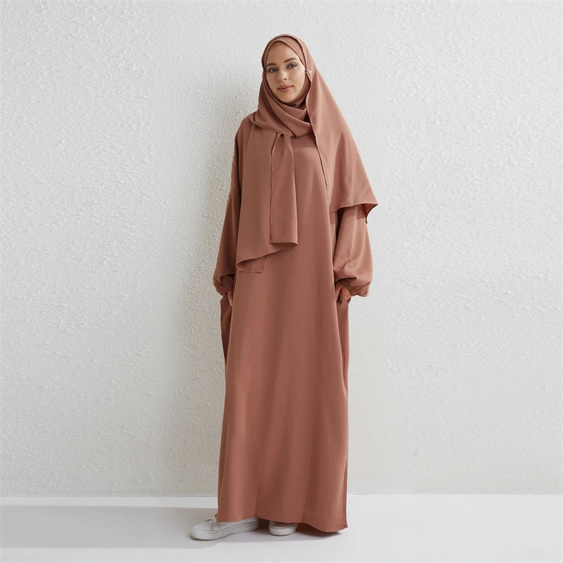 Muslim Abaya Prayer Dress Islamic Clothing Women Jilbab One-piece Hooded Smocking Sleeve Dubai Saudi Black Robe Turkish Modesty