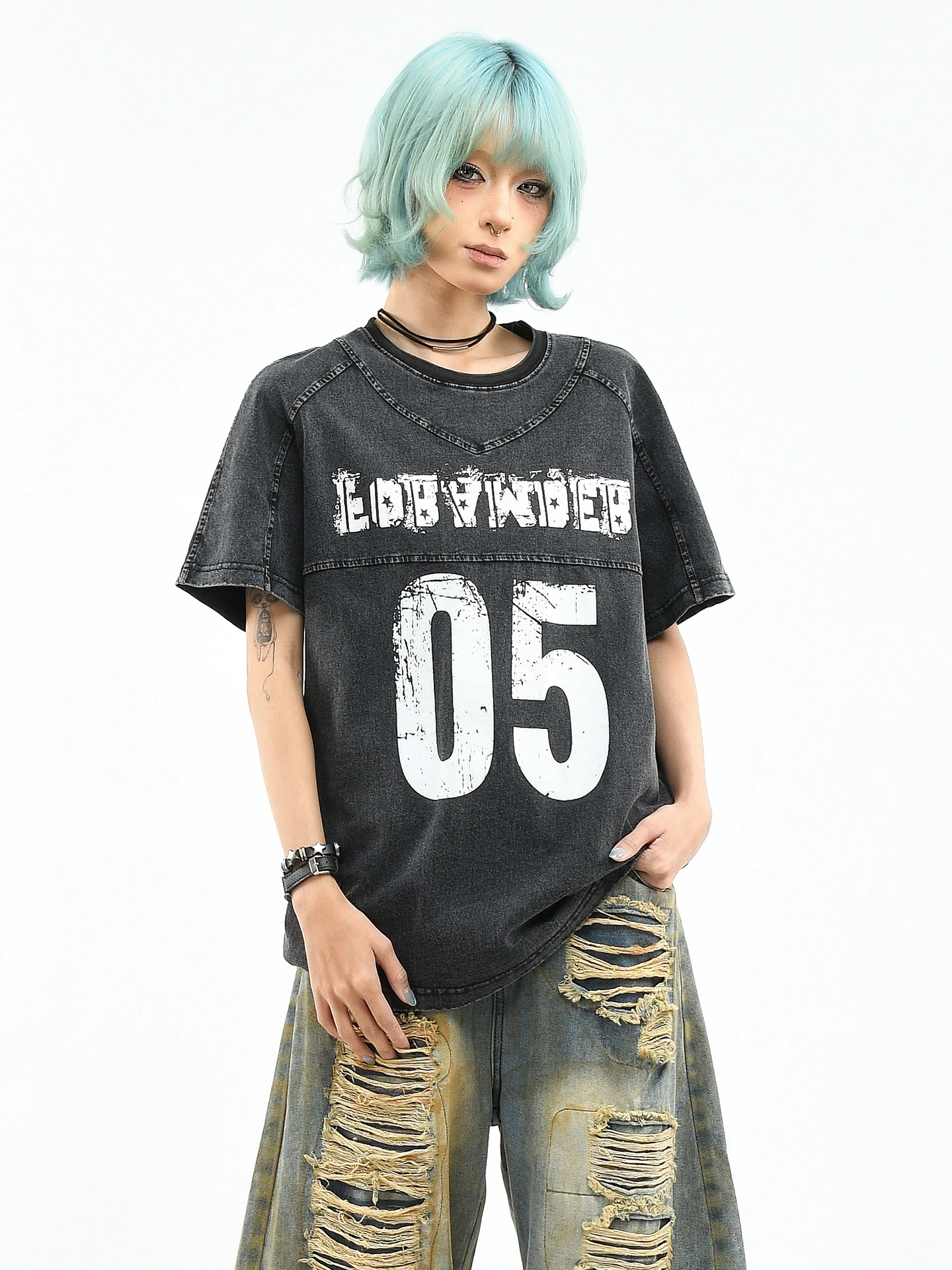 

OV Original American High Street Style Deconstructed Patchwork Short Sleeve T-Shirt Unisex Loose Vintage Washed Hip Hop Stree...