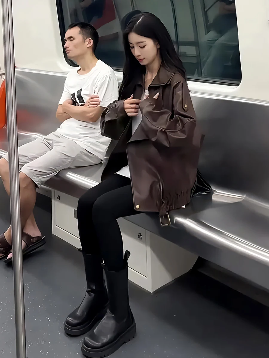 American Retro Leather Jaet Long Sve Stand Collar Women's Coat Irregular Design Spring New Sle High-End Feelings