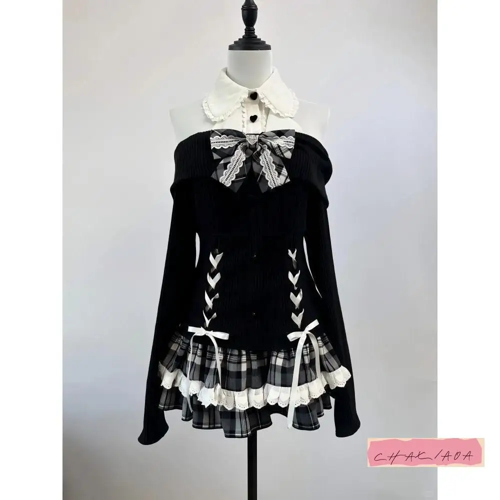 

Japanese Niche Design Sense Gothic Y2K Style Fashionable 2-piece Set Women Lol Sweet Bow V-neck Strap Lace Plaid Mini Skirt Set