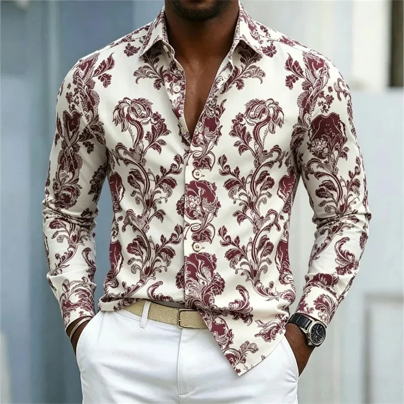 Men's shirt retro floral shirt black base coffee color peony butterfly print slim fit long sleeved shirt street style trendy top