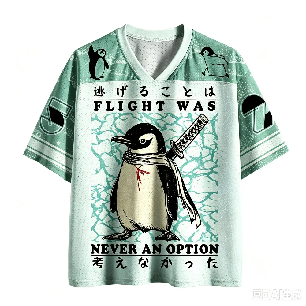 Japanischer Stil Lustiger Krieger-Pinguin 3D-Druck Schnelltrocknendes Sport-T-Shirt für Männer und Frauen mit V-Ausschnitt, Modische Streetwear für Eltern und Kinder – Detail 8