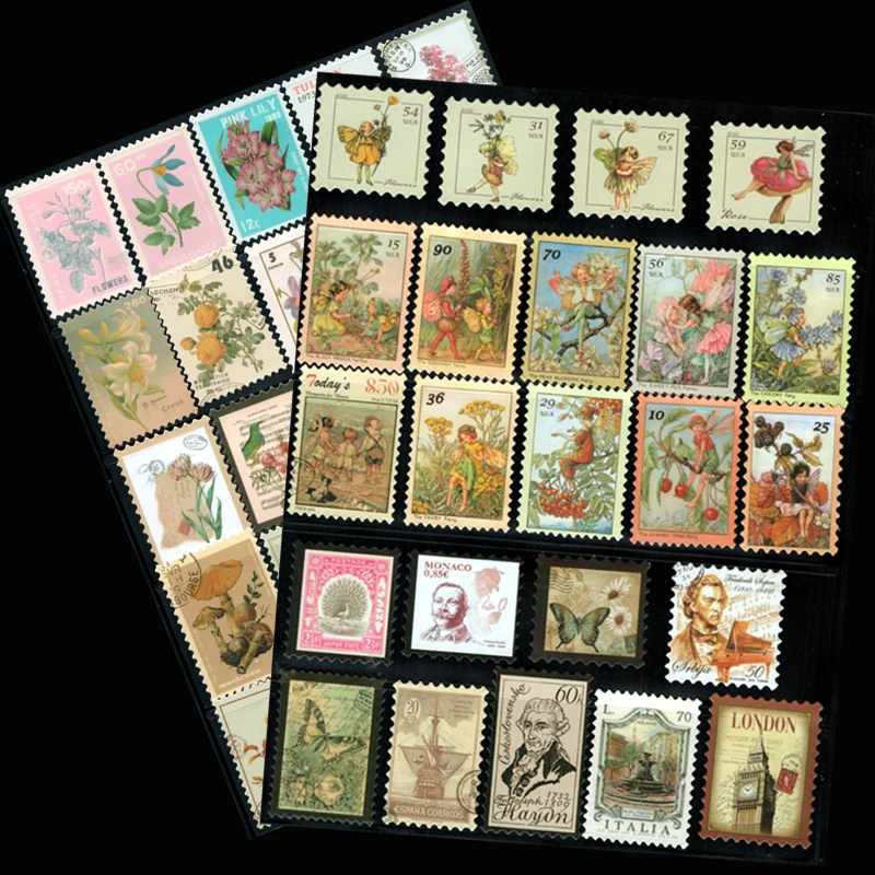 10/20/50PCS Vintage Stickers Retro Postage Stamp Style Diary Planner Decorative Scrapbooking Stickers Craft Stickers Kids Toys