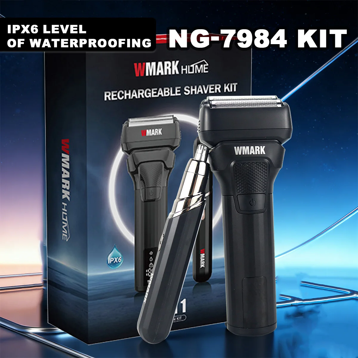 WMARK NG-7984KIT Professional Beard Trimmer for Men Kit 9000RPM Full Metal IPX6 LED Display Double Foil Cordless Electric Shaver