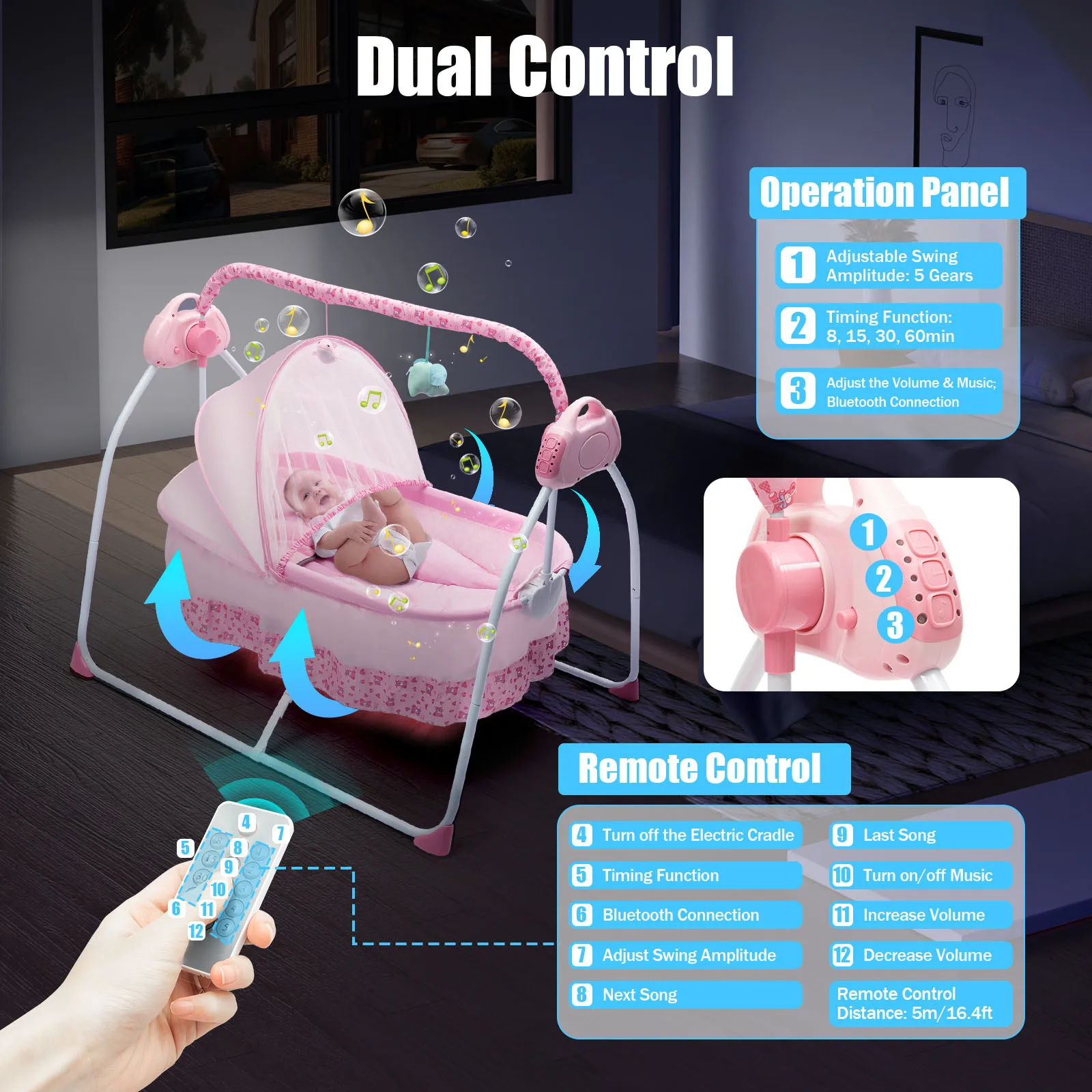 Electric Baby Crib Cradle, 0-18 Monthsinfant Bed, 25kg/55lbs Capacity, Foldable Baby Cradle Swing for Home/Travel（pink）