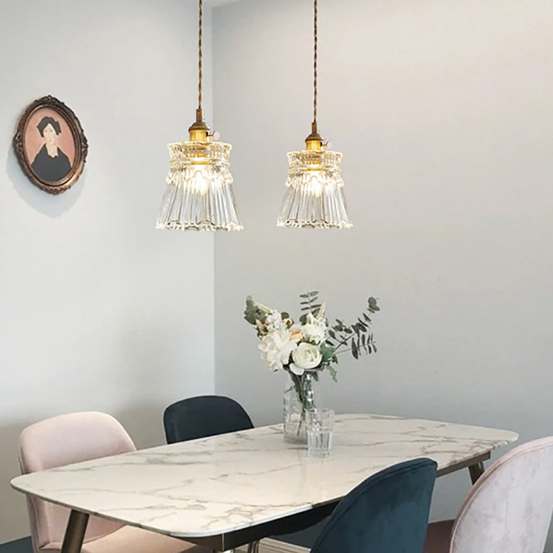 

Vintage Home Decor LED Romantic Copper Small Embossed Glass Pendant Lights Bedside Lighting Fixture Dining Room Lustres Bedroom