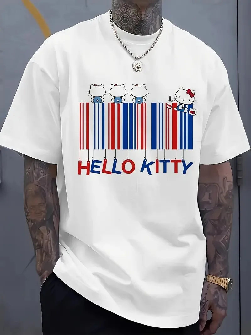 تي شيرت Hello Kitty القطني مع شخصيات كرتونية لطيفة وطباعة الباركود، اختيار ممتع وأنيق لمحبي كيتي، ملابس كاجوال يومية