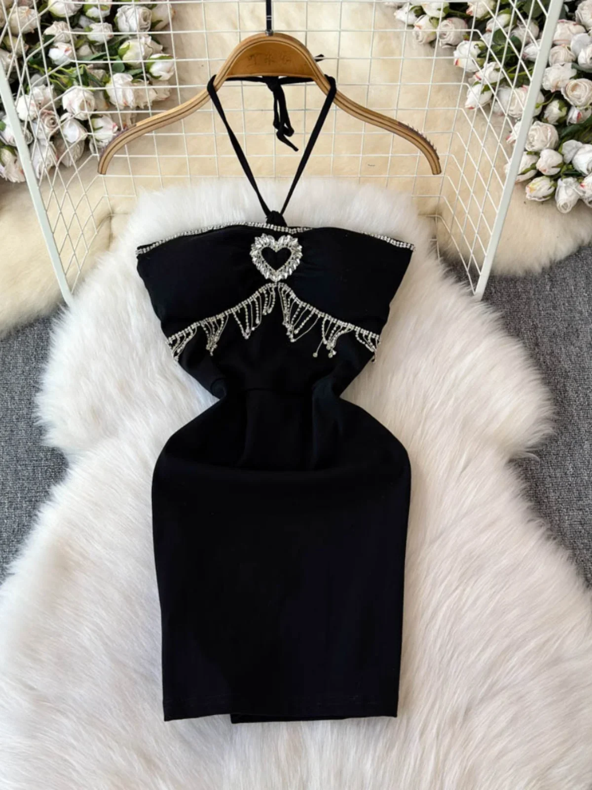 Foamlina Exclusive chic Rhinestone Love Buckle Fringed Diamond Dress Women's Sweet and Spicy Halter Slim Skinny Mini Dress