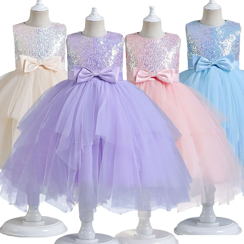 

Summer Lilac Kids Assymetrical Skirt Flower Girl Dress for Wedding Pink Sequin Birthday Party Tulle Ball Gown for 2-12Yr Girls