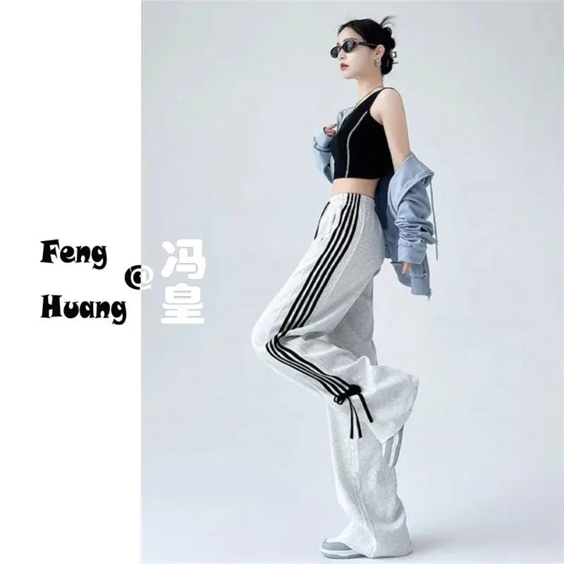 2025 Pantalones casuales japoneses: pierna ancha recta de cintura alta, detalle de lazo con cordón, pantalones de moda de anime unisex para mujer S-2XL