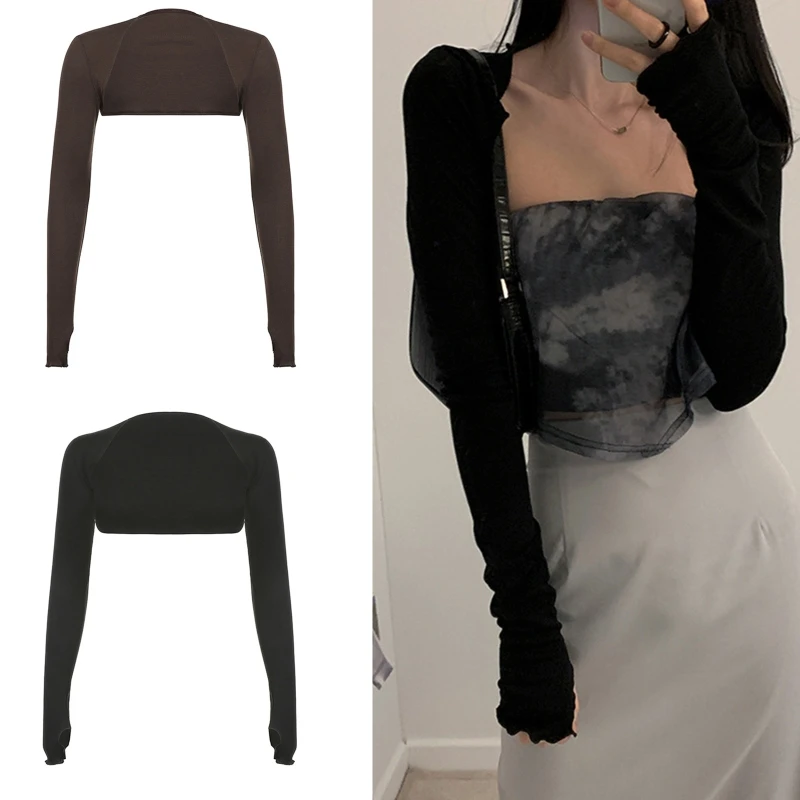 Women Thumbhole Long Sleeve Bolero Shrug Solid Color Open Front Cropped Cardigan Top Bodycon Slim Fit Sunscreen Jacket