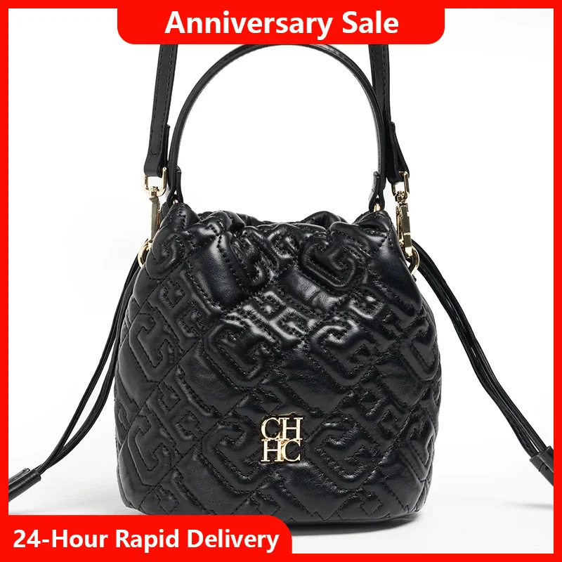 

CH Brand Solid Color Drawstring Bucket Bag Luxurious Embossed Leather Commuter Handbag Crossbody Bag Women