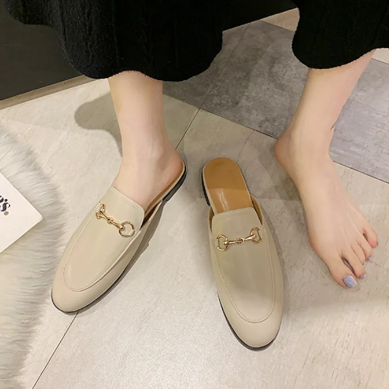 Lady Top Shop Shoes Round Toe Replicas Famous Slides Metallic Khaki Black Flat Slippers Wide Fitting 34-43 26cm Designer Leathe