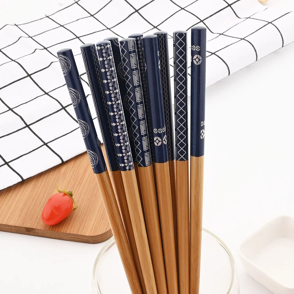 Reusable 5Pairs Tableware Handmade Bamboo Japanese Natural Wood Chopsticks Sushi Food Cat Flower Multi Color Wooden Chop Sticks